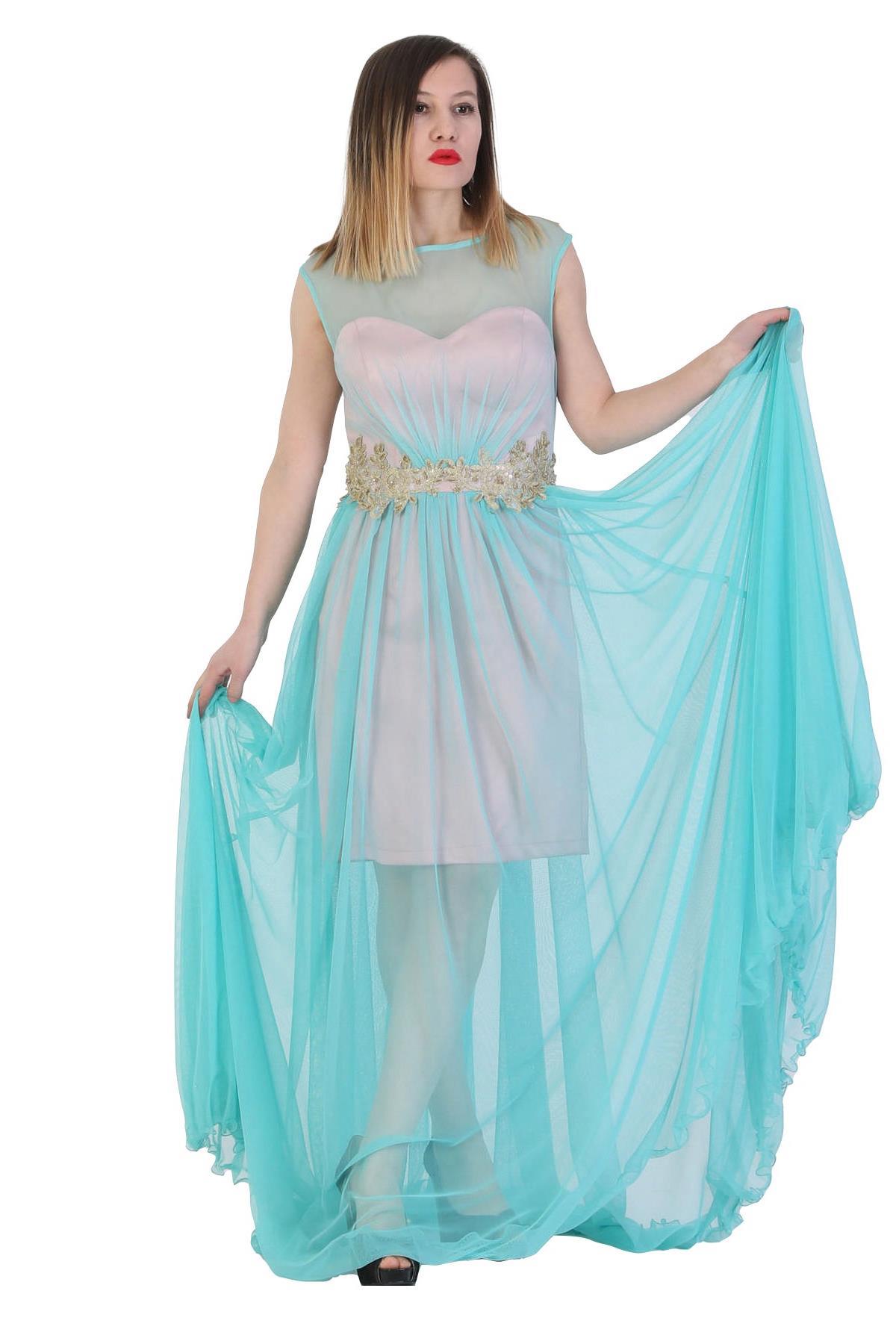 Fierte Kadın Abiye Elbise Tn7570 V Yaka Şifon Tül Düğün Mercan Abiye Elbise
