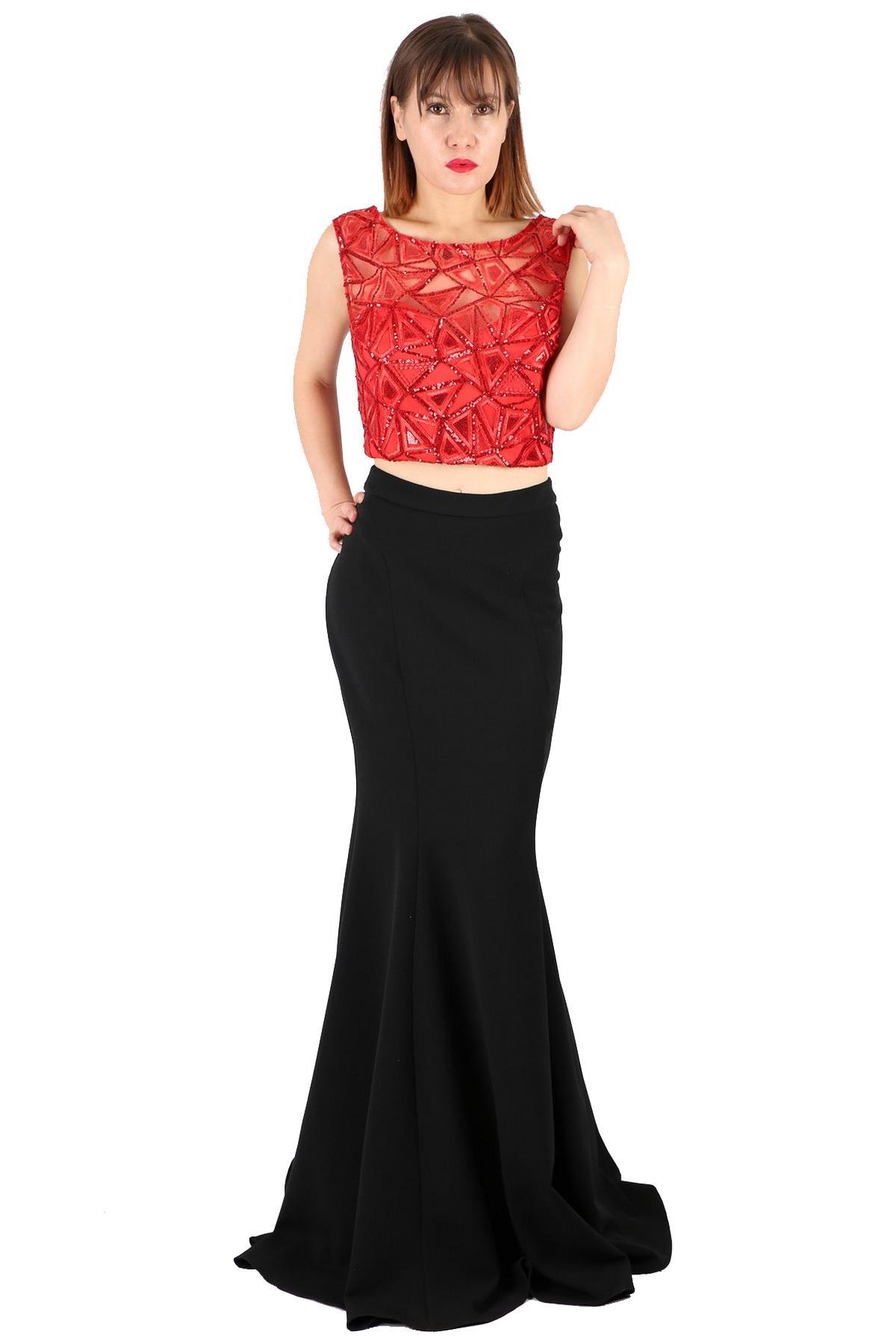 Fierte Kadın Abiye Elbise Lg6152 Sıfır Yaka Dantel Kırmızı Mint Abiye Elbise