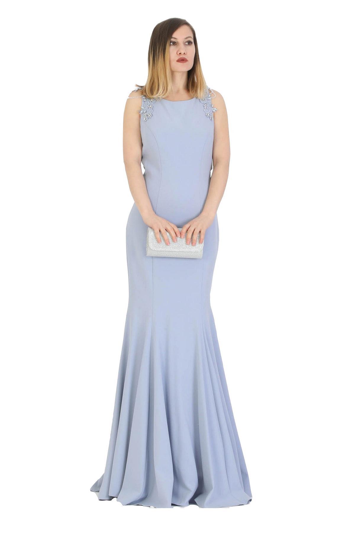 Fierte Kadın Abiye Elbise Tn7705 Oval Yaka Balık Saks Mavi Bordo Abiye Elbise