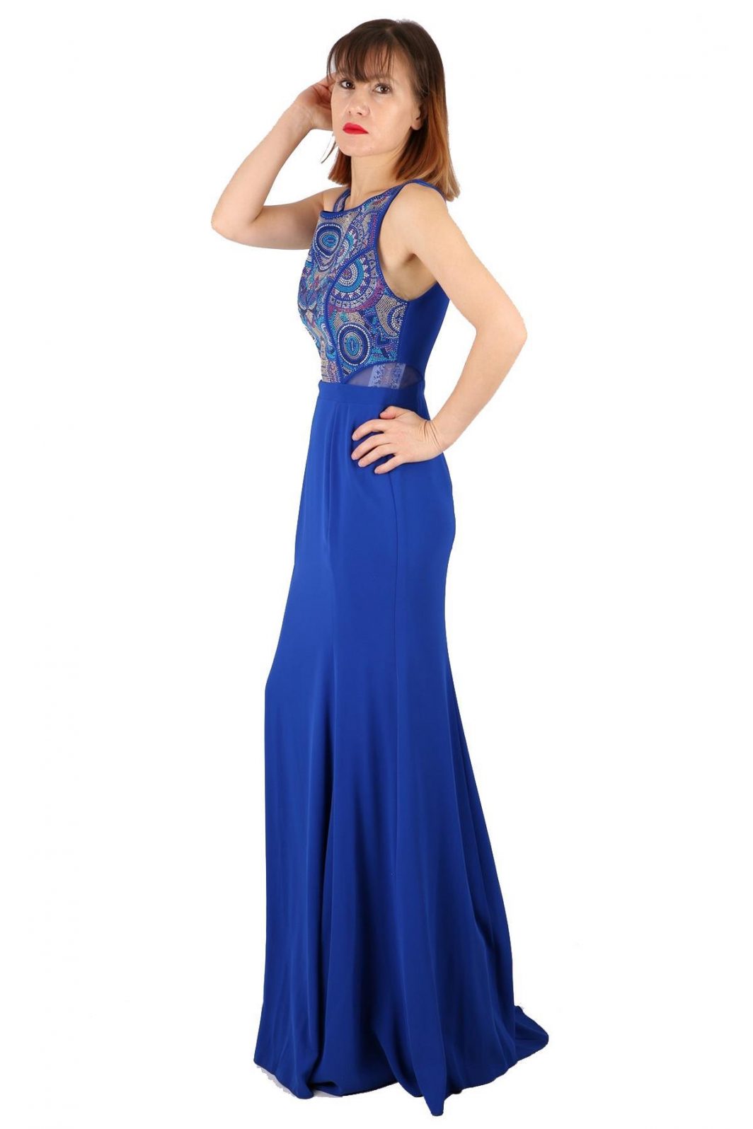 Fierte kadın abiye elbise tn7705 oval yaka balık saks mavi bordo abiye elbise