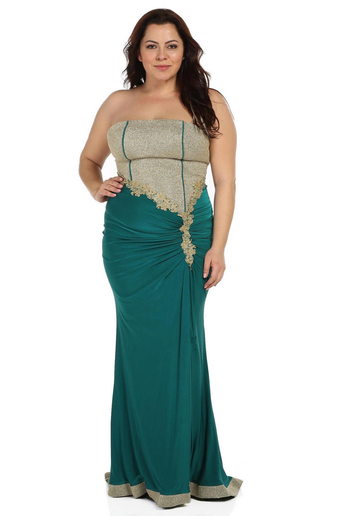 Fierte Kadın Büyük Beden Abiye Elbise Lg6041 Şifon Balık Yeşil Abiye Giyim