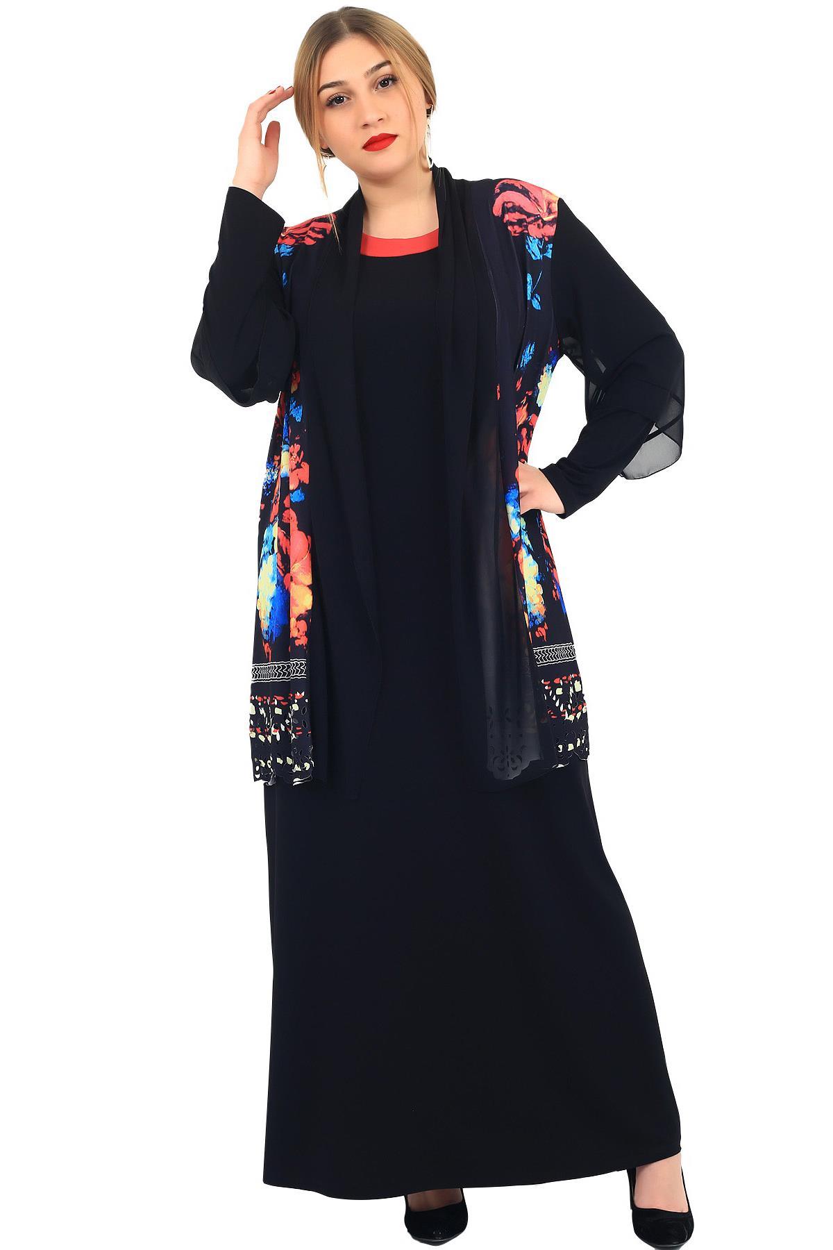 Fierte Kadın Büyük Beden Abiye Elbise Vs5961 Şifon Lacivert Mavi Abiye Giyim