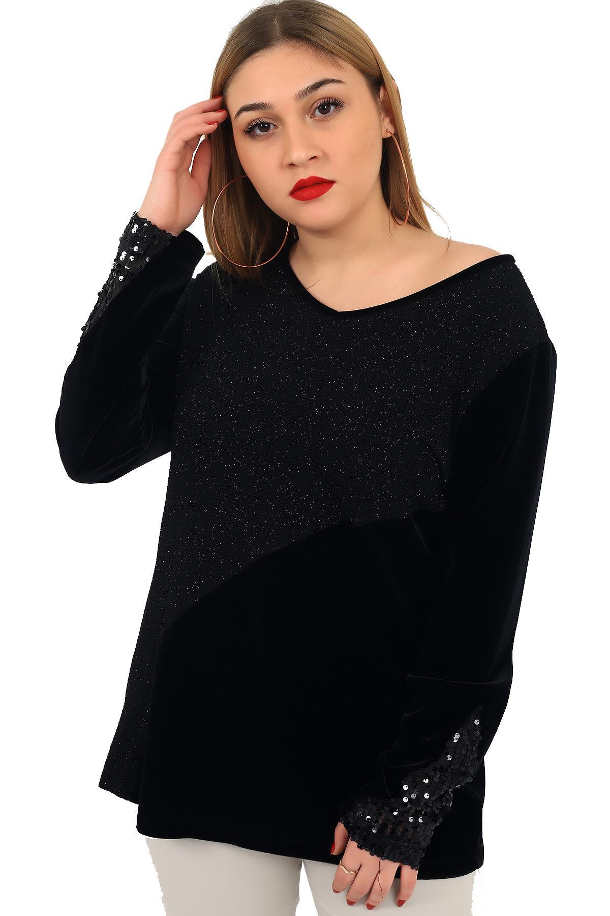 Fierte Kadın Büyük Beden Gömlek Lm35040 Deri Detay Jean İndigo Siyah Büyük Beden Giyim