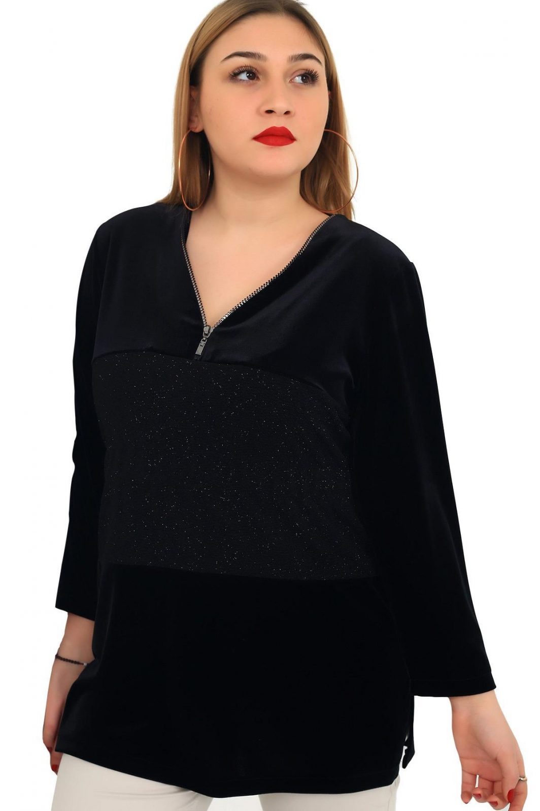 Fierte kadın büyük beden bluz lm43470 v yaka kadife siyah bluz