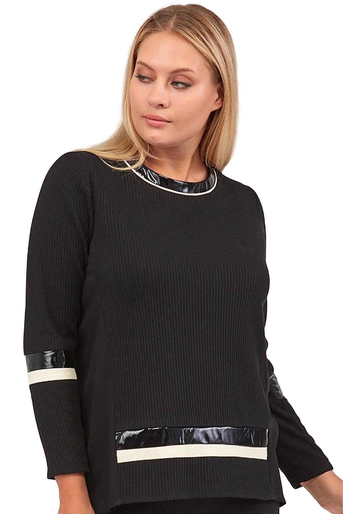 Fierte Kadın Büyük Beden Bluz Edby1543 V Yaka Dantel Siyah Haki Bluz