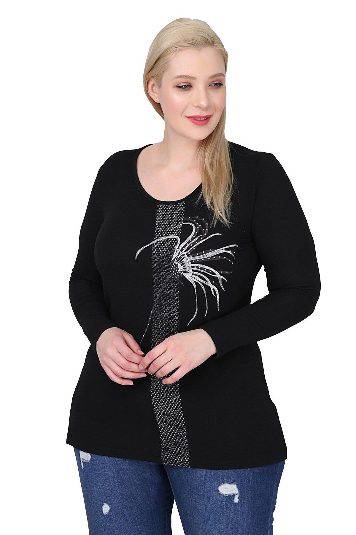 Fierte Kadın Büyük Beden Gömlek CcBotella Çiçek Desen Siyah Büyük Beden Giyim