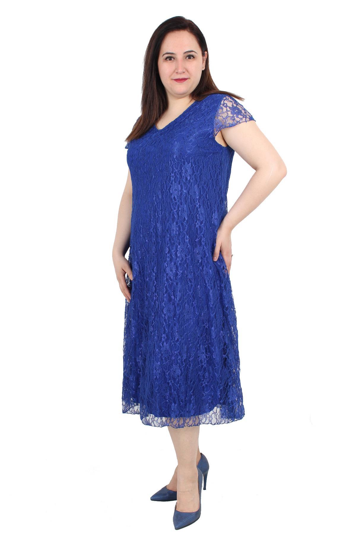 Fierte Kadın Büyük Beden Elbise Lm14571 Uzun Saks Mavi Haki Büyük Beden Giyim