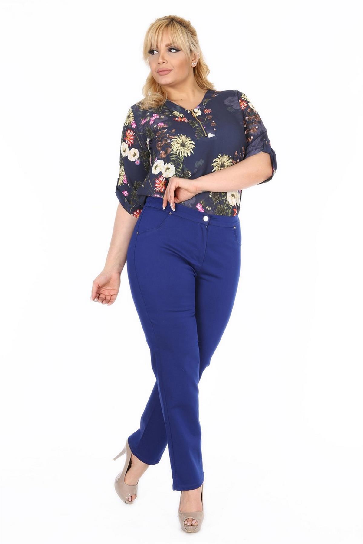 Fierte Kadın Büyük Beden Pantolon Rg1251Yk Jean Yüksek Bel Mavi Büyük Beden Alt Giyim