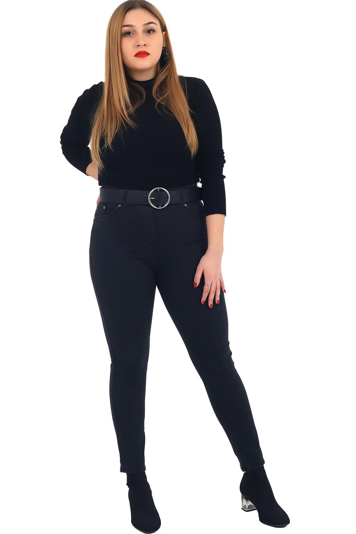 Fierte Kadın Büyük Beden Pantolon Rg1310 Kanvas Saks Mavi Büyük Beden Alt Giyim